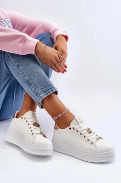 Sneakersy Damskie Na Platformie Z Ozdobami Białe Herbisa