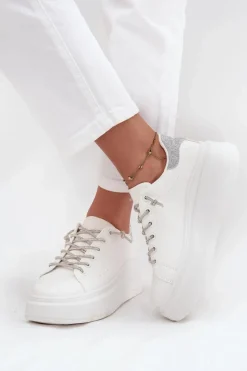 Sneakersy Damskie Na Platformie Z Ozdobnym Sznurowaniem I Brokatem Białe Belmira