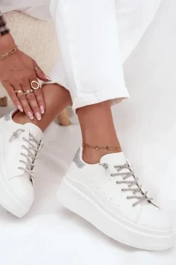 Sneakersy Damskie Na Platformie Z Ozdobnym Sznurowaniem I Brokatem Białe Belmira