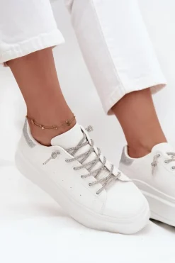 Sneakersy Damskie Na Platformie Z Ozdobnym Sznurowaniem I Brokatem Białe Belmira
