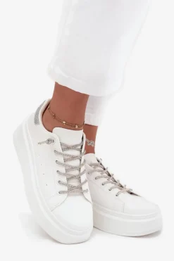Sneakersy Damskie Na Platformie Z Ozdobnym Sznurowaniem I Brokatem Białe Belmira