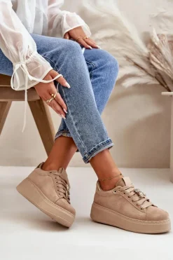 Sneakersy Damskie Na Platformie Z Misiem Beżowe Vailina