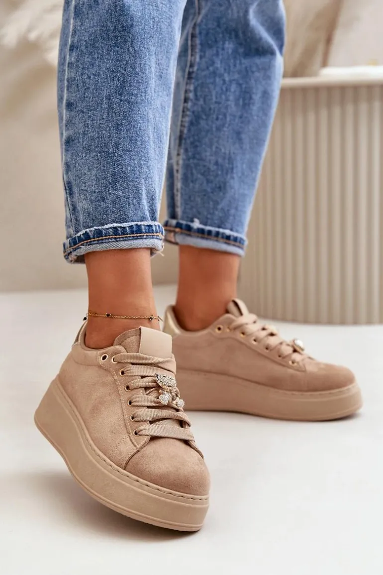 Sneakersy Damskie Na Platformie Z Misiem Beżowe Vailina