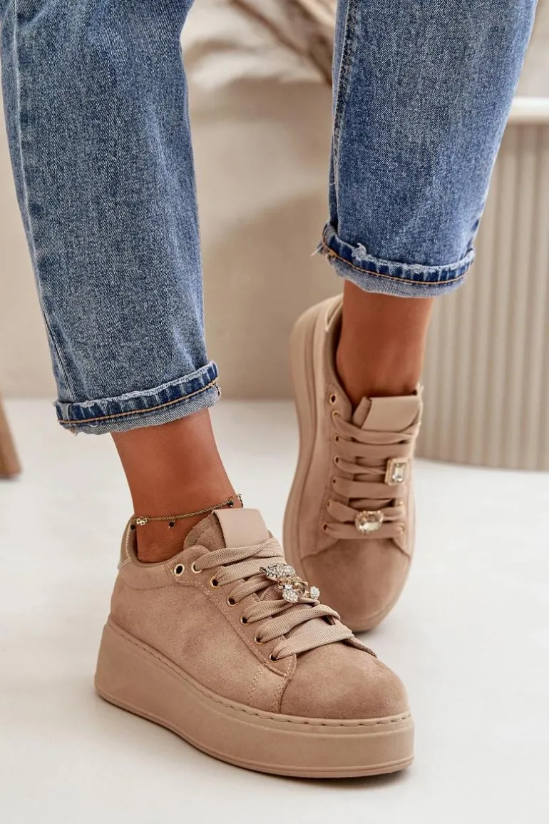 Sneakersy Damskie Na Platformie Z Misiem Beżowe Vailina