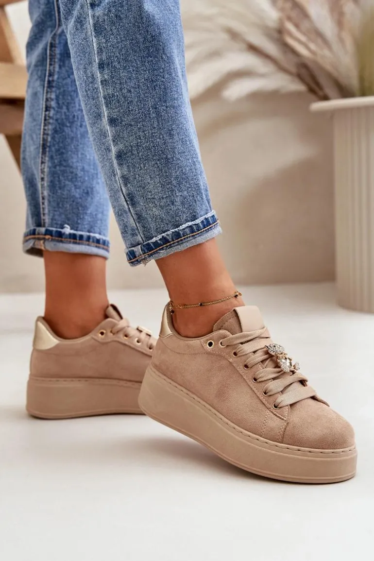 Sneakersy Damskie Na Platformie Z Misiem Beżowe Vailina