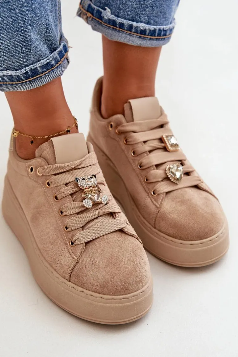 Sneakersy Damskie Na Platformie Z Misiem Beżowe Vailina