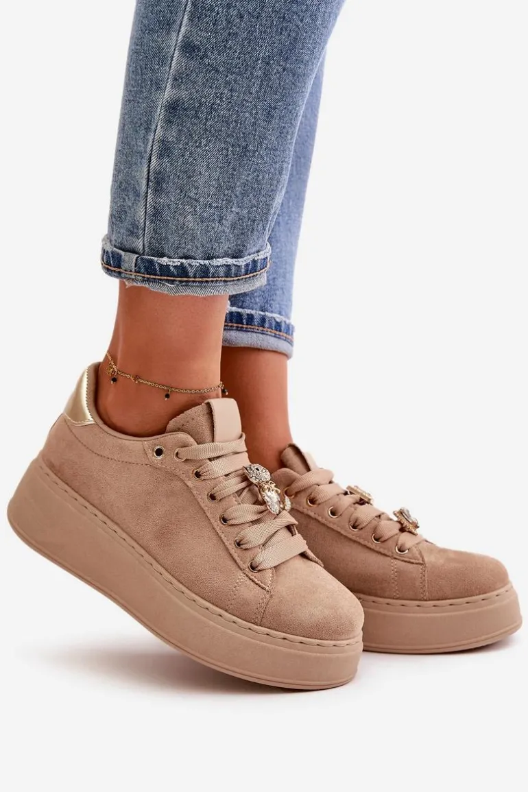 Sneakersy Damskie Na Platformie Z Misiem Beżowe Vailina
