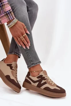 Sneakersy Damskie Niskie Eko Skórzane Brązowe Givelle