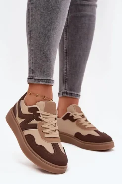 Sneakersy Damskie Niskie Eko Skórzane Brązowe Givelle