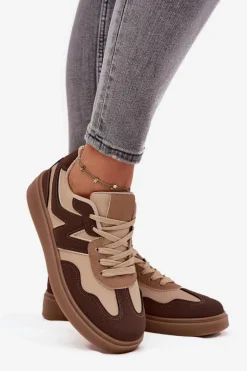 Sneakersy Damskie Niskie Eko Skórzane Brązowe Givelle