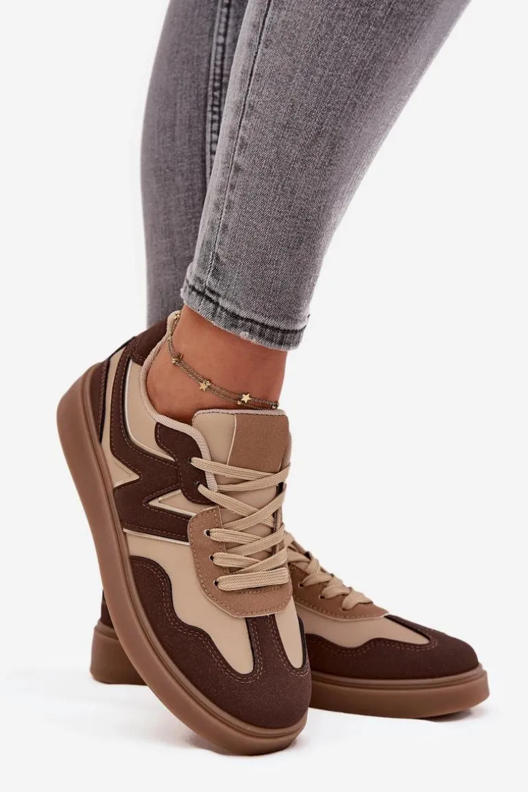 Sneakersy Damskie Niskie Eko Skórzane Brązowe Givelle