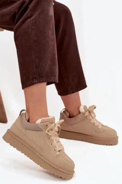Sneakersy Damskie Ocieplane Futerkiem Beżowe Cyrissa