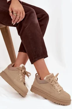 Sneakersy Damskie Ocieplane Futerkiem Beżowe Cyrissa