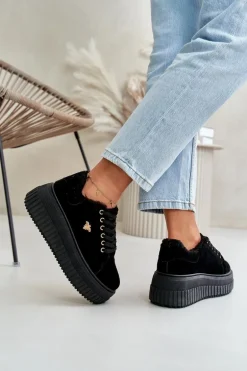 Sneakersy Damskie Ocieplane Na Masywnej Podeszwie Ze Złotym Detalem Czarne Lotira