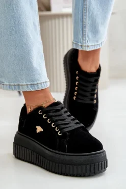Sneakersy Damskie Ocieplane Na Masywnej Podeszwie Ze Złotym Detalem Czarne Lotira