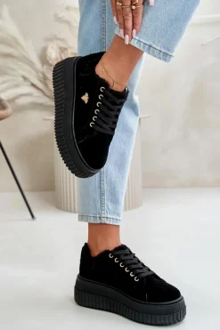 Sneakersy Damskie Ocieplane Na Masywnej Podeszwie Ze Złotym Detalem Czarne Lotira