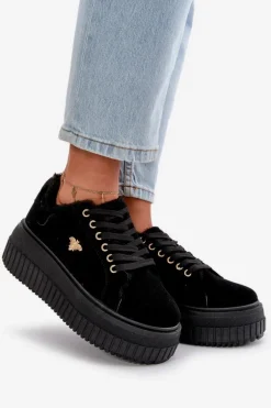 Sneakersy Damskie Ocieplane Na Masywnej Podeszwie Ze Złotym Detalem Czarne Lotira