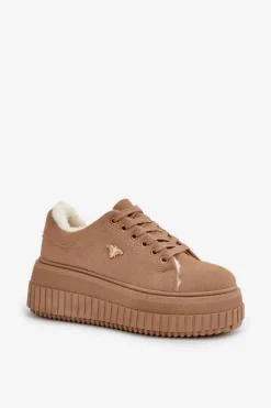 Sneakersy Damskie Ocieplane Na Masywnej Podeszwie Ze Złotym Detalem Brązowe Lotira