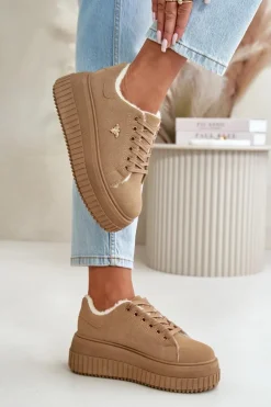 Sneakersy Damskie Ocieplane Na Masywnej Podeszwie Ze Złotym Detalem Brązowe Lotira