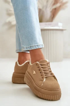 Sneakersy Damskie Ocieplane Na Masywnej Podeszwie Ze Złotym Detalem Brązowe Lotira