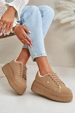 Sneakersy Damskie Ocieplane Na Masywnej Podeszwie Ze Złotym Detalem Brązowe Lotira