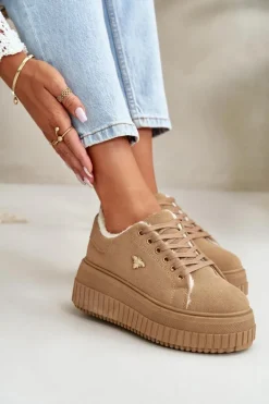 Sneakersy Damskie Ocieplane Na Masywnej Podeszwie Ze Złotym Detalem Brązowe Lotira