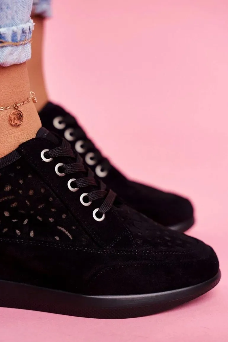 Sneakersy Damskie Sergio Leone Ażurowe Czarne PB122