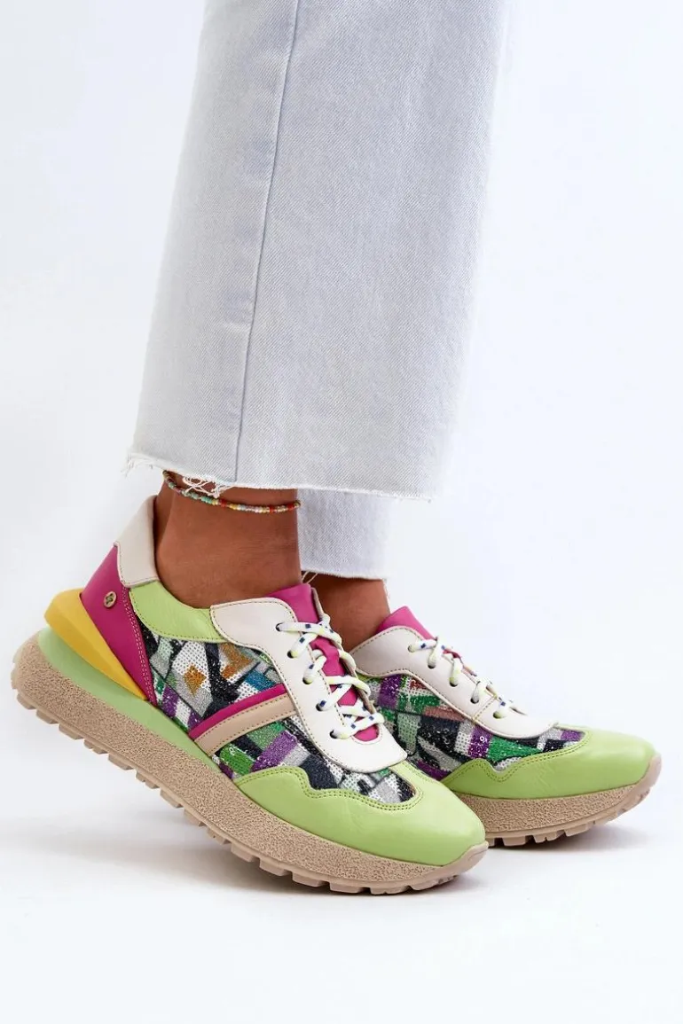 Sneakersy Damskie Skórzane Na Platformie Maciejka 06322-09 Zielono-Różowe