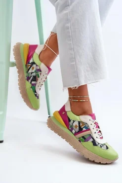Sneakersy Damskie Skórzane Na Platformie Maciejka 06322-09 Zielono-Różowe
