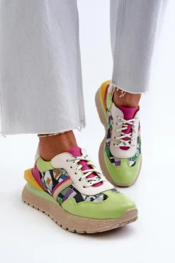 Sneakersy Damskie Skórzane Na Platformie Maciejka 06322-09 Zielono-Różowe