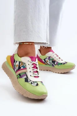 Sneakersy Damskie Skórzane Na Platformie Maciejka 06322-09 Zielono-Różowe