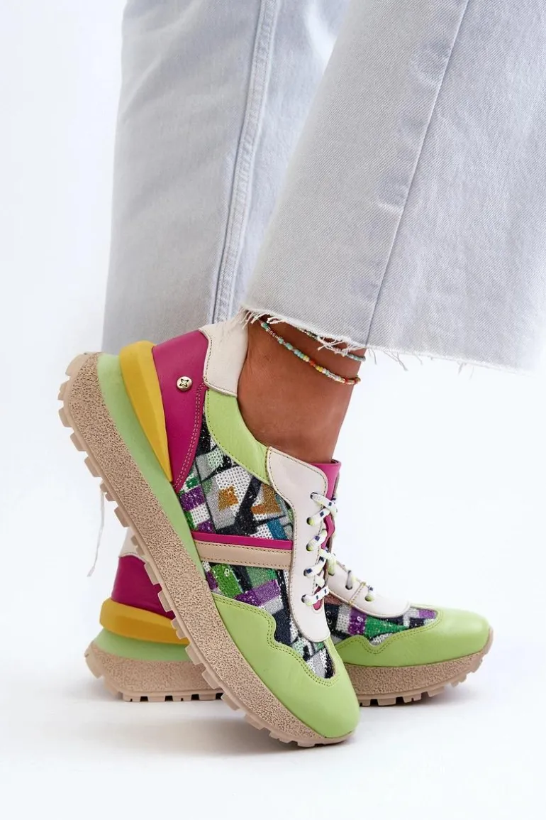 Sneakersy Damskie Skórzane Na Platformie Maciejka 06322-09 Zielono-Różowe