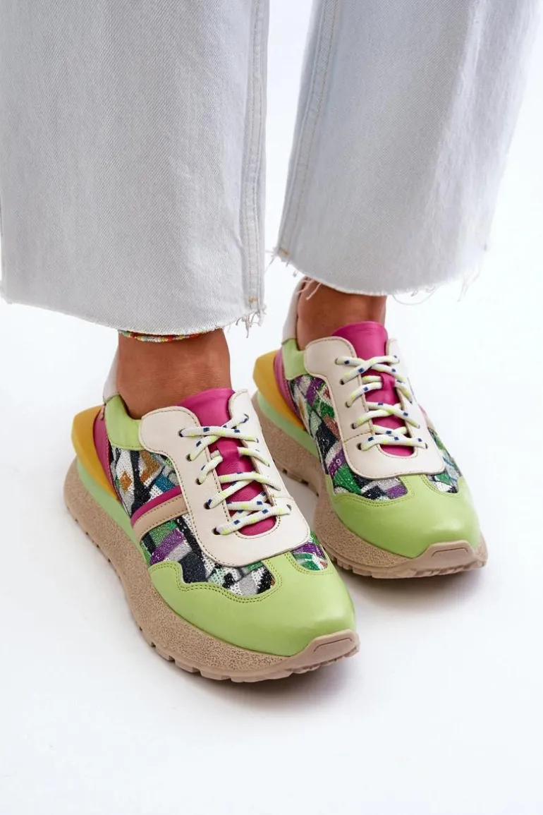 Sneakersy Damskie Skórzane Na Platformie Maciejka 06322-09 Zielono-Różowe
