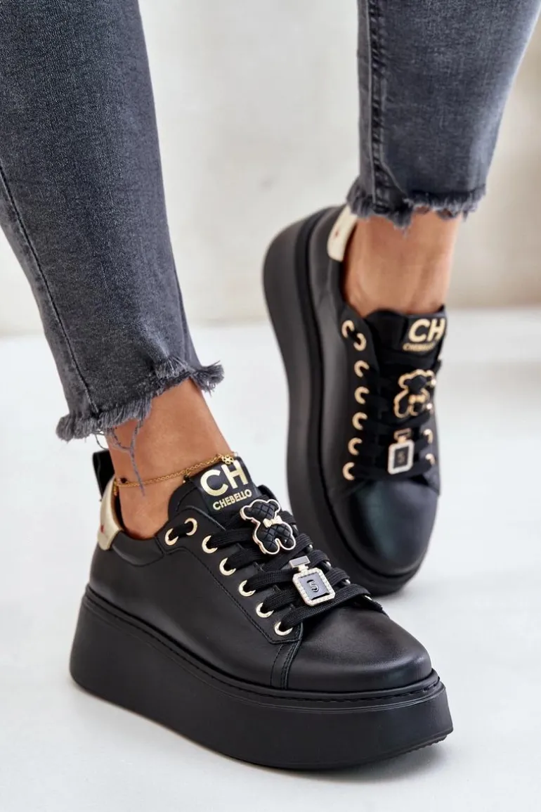 Sneakersy Damskie Skórzane Z Przypinkami Na Platformie CheBello 4596 Czarne