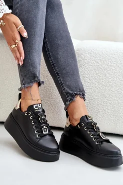 Sneakersy Damskie Skórzane Z Przypinkami Na Platformie CheBello 4596 Czarne