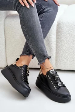 Sneakersy Damskie Skórzane Z Przypinkami Na Platformie CheBello 4596 Czarne