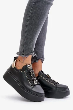 Sneakersy Damskie Skórzane Z Przypinkami Na Platformie CheBello 4596 Czarne