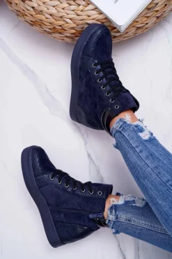Sneakersy Damskie Ukryty Koturn Granatowe Ferrer