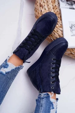 Sneakersy Damskie Ukryty Koturn Granatowe Ferrer