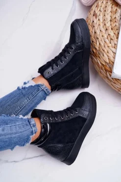 Sneakersy Damskie Ukryty Koturn Czarne Ferrer