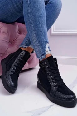 Sneakersy Damskie Ukryty Koturn Czarne Ferrer