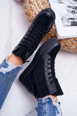 Sneakersy Damskie Ukryty Koturn Czarne Ferrer