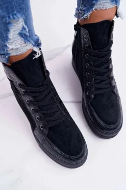 Sneakersy Damskie Ukryty Koturn Czarne Ferrer