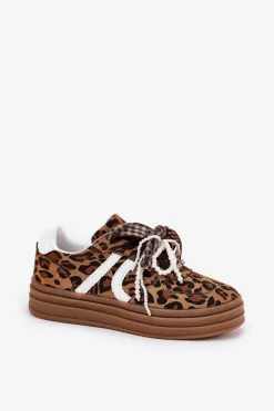 Sneakersy Damskie W Panterkę Na Platformie Z Ozdobami Brązowe Vinness