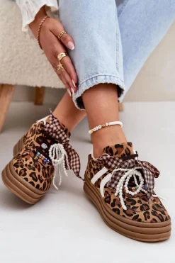 Sneakersy Damskie W Panterkę Na Platformie Z Ozdobami Brązowe Vinness