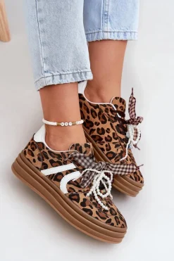 Sneakersy Damskie W Panterkę Na Platformie Z Ozdobami Brązowe Vinness