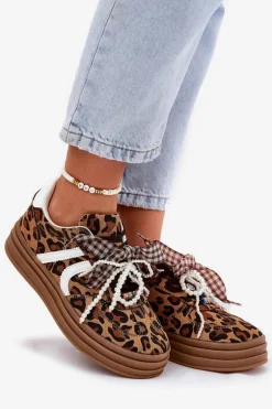 Sneakersy Damskie W Panterkę Na Platformie Z Ozdobami Brązowe Vinness