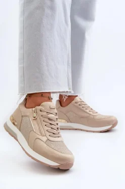 Sneakersy Damskie Z Brokatem I Suwakiem INBLU IN000365 Beżowe