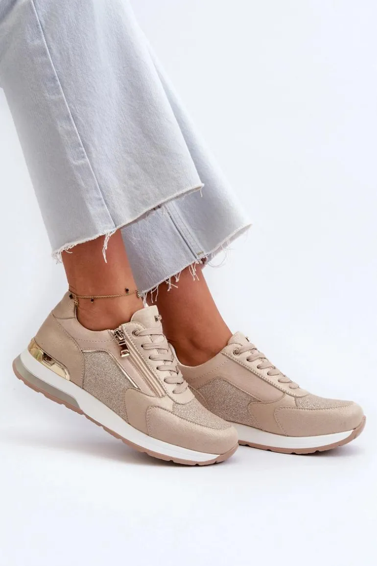 Sneakersy Damskie Z Brokatem I Suwakiem INBLU IN000365 Beżowe