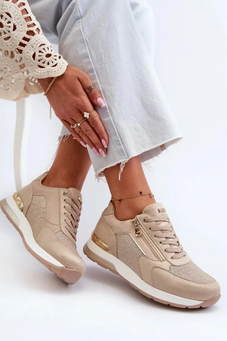 Sneakersy Damskie Z Brokatem I Suwakiem INBLU IN000365 Beżowe